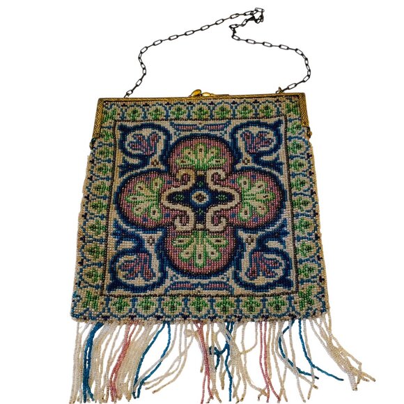 Vintage Beaded Fringed Purse Handbag Kiss Lock Hinged Chain Strap DAMAGED - Picture 8 of 15